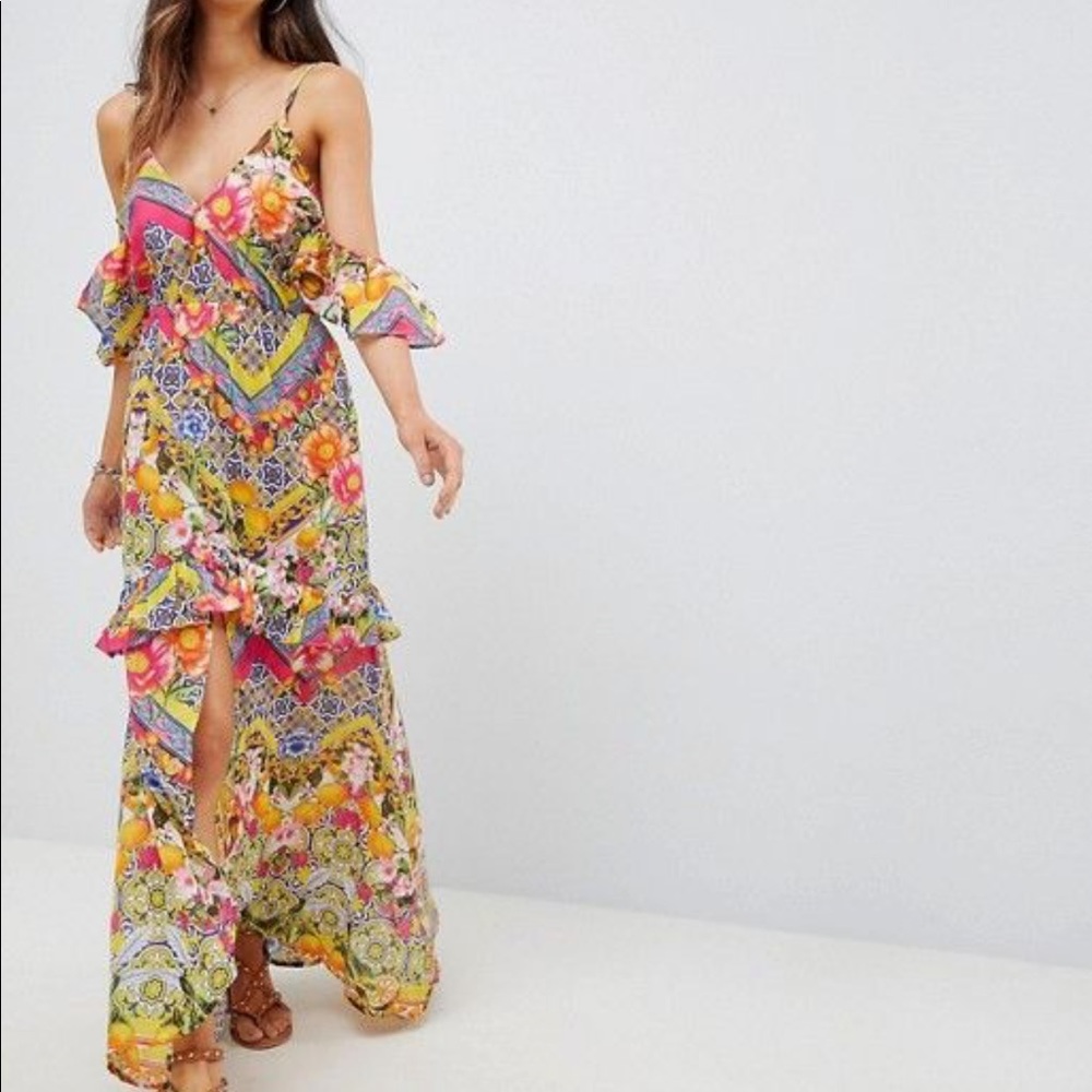 ASOS Cuban Tile Print Off Shoulder Maxi Dress